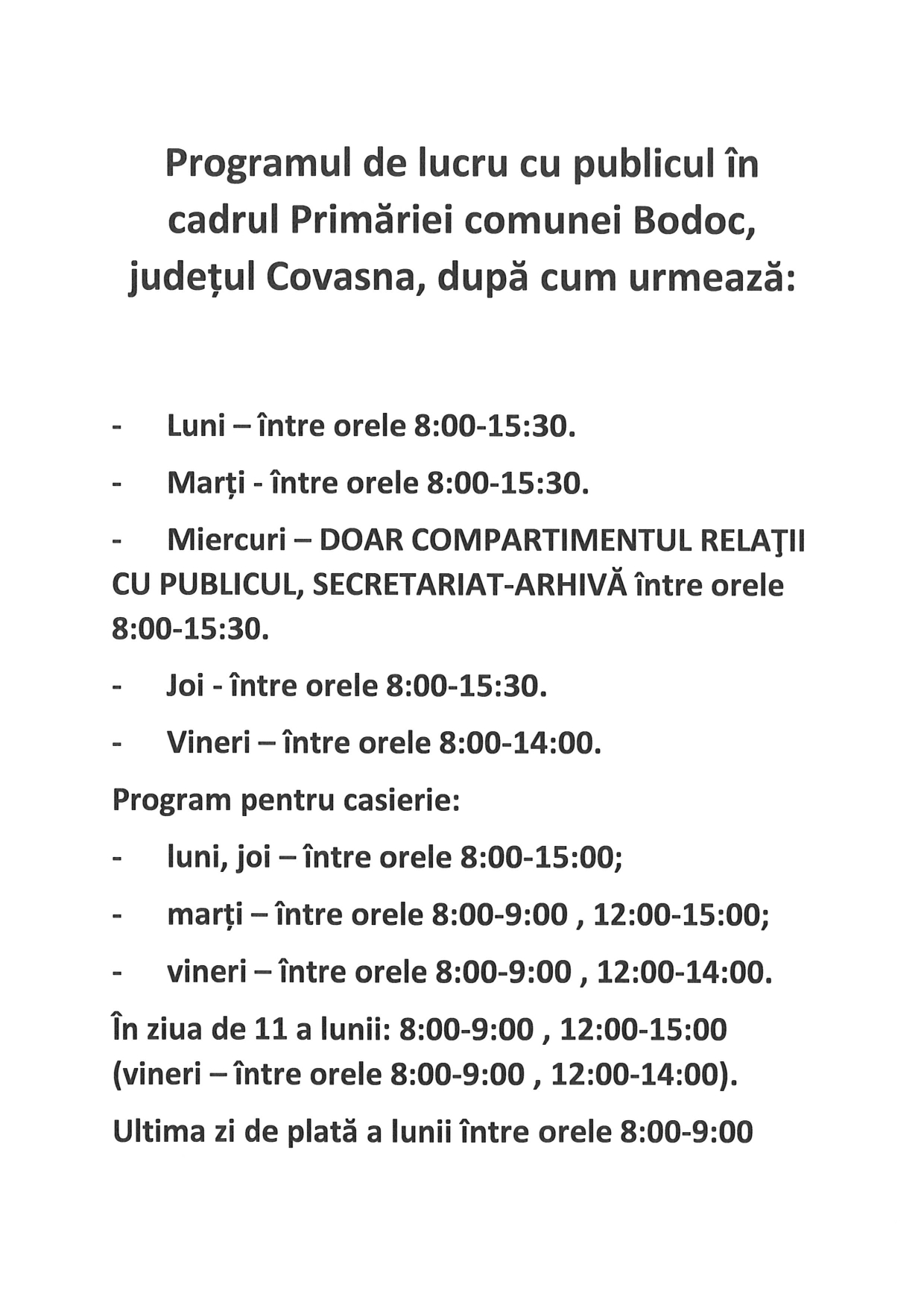 Program de lucru cu publicul Secretariat si Casierie page 0001